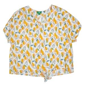 Dip Tie Front Pear Fruit Print Plus Size Top Short Sleeve Linen Blend Sz 1X
